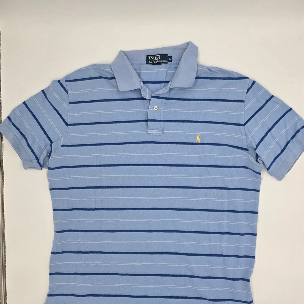 Polo Ralph Lauren Mens Large Blue Striped Short Sleeve Pique Polo Shirt Yellow